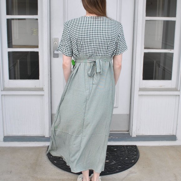 Vintage 90s Gingham Print Dress Short Sleeve Green & Cream Maxi Dress Nu Venture - Picture 2 of 10